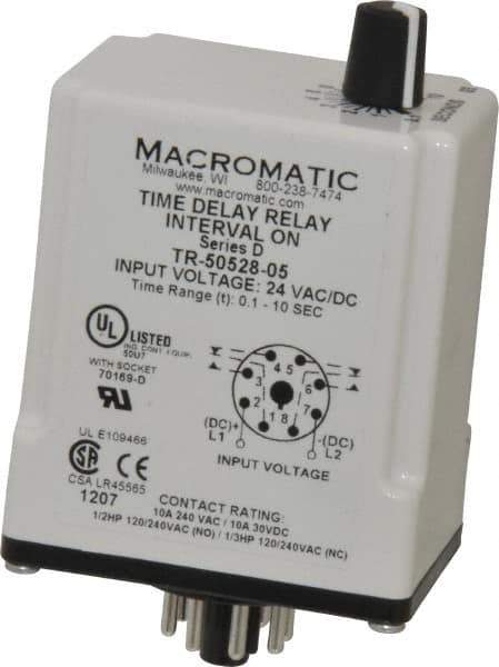 Macromatic - 8 Pin, Multiple Range DPDT Time Delay Relay - 10 Contact Amp, 24 VAC/VDC, Knob - All Tool & Supply