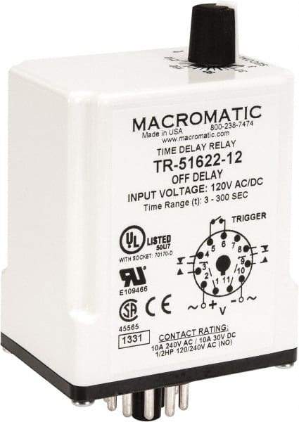 Macromatic - 11 Pin, Multiple Range DPDT Time Delay Relay - 10 Contact Amp, 120 VAC/VDC, Knob - All Tool & Supply