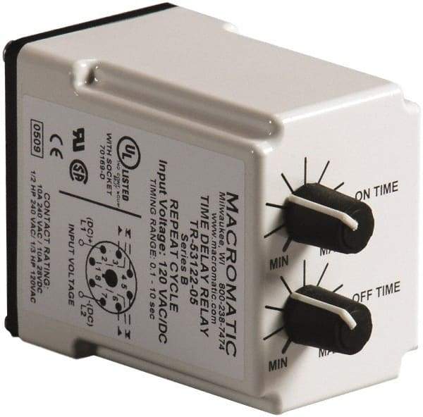 Macromatic - 8 Pin, 10 min Delay, Multiple Range DPDT Time Delay Relay - 10 Contact Amp, 120 VAC/VDC, Knob - All Tool & Supply