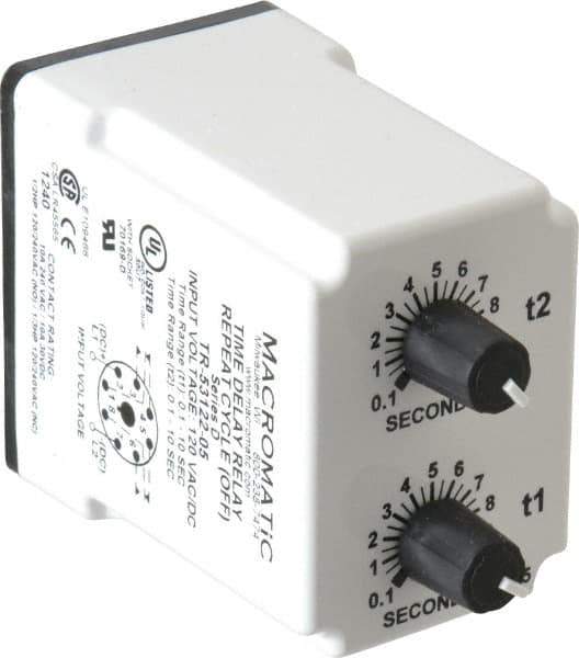 Macromatic - 8 Pin, Multiple Range DPDT Time Delay Relay - 10 Contact Amp, 120 VAC/VDC, Knob - All Tool & Supply