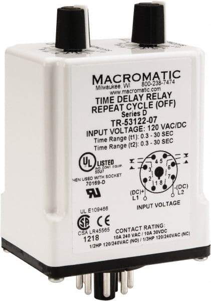 Macromatic - 8 Pin, Multiple Range DPDT Time Delay Relay - 10 Contact Amp, 120 VAC/VDC, Knob - All Tool & Supply