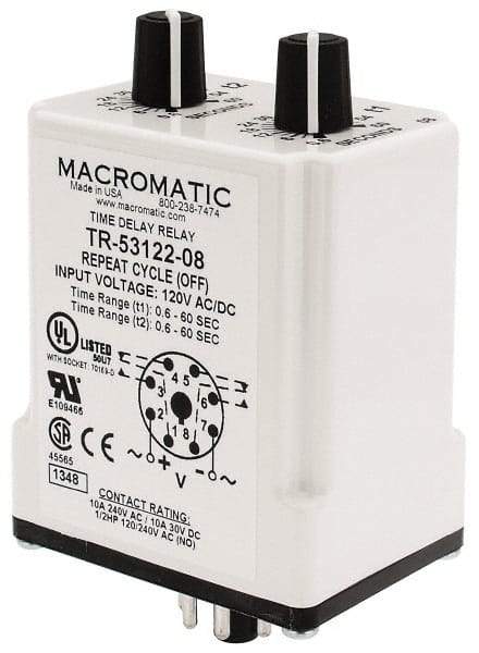 Macromatic - 8 Pin, Multiple Range DPDT Time Delay Relay - 10 Contact Amp, 120 VAC/VDC, Knob - All Tool & Supply