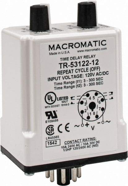 Macromatic - 8 Pin, Multiple Range DPDT Time Delay Relay - 10 Contact Amp, 120 VAC/VDC, Knob - All Tool & Supply