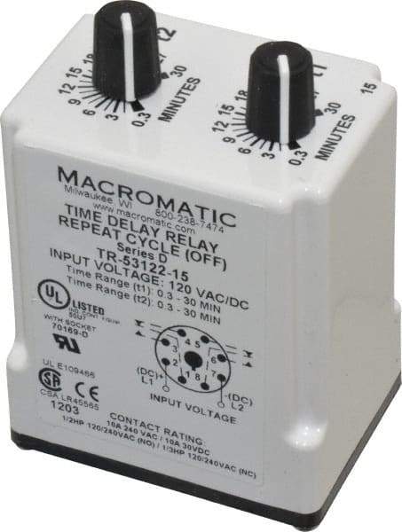 Macromatic - 8 Pin, 30 min Delay, Multiple Range DPDT Time Delay Relay - 10 Contact Amp, 120 VAC/VDC, Knob - All Tool & Supply