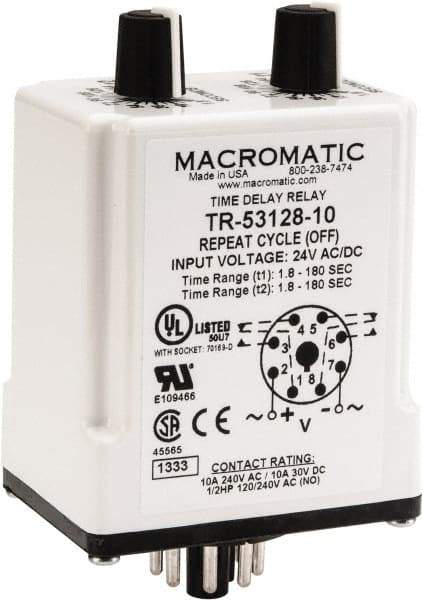 Macromatic - 8 Pin, Multiple Range DPDT Time Delay Relay - 10 Contact Amp, 24 VAC/VDC, Knob - All Tool & Supply