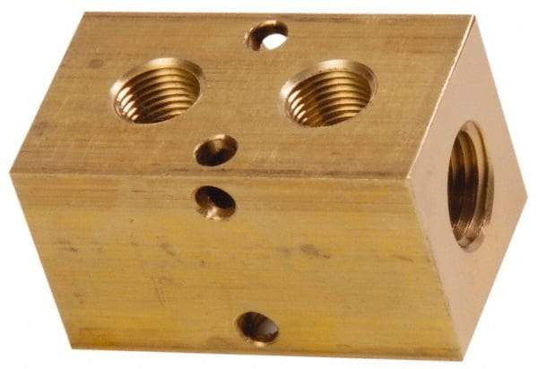 Made in USA - 1/2" Inlet, 3/8" Outlet Manifold - 2-3/4" Long x 1-1/2" Wide x 1-1/2" High, 0.2" Mount Hole, 2 Inlet Ports, 2 Outlet Ports - All Tool & Supply