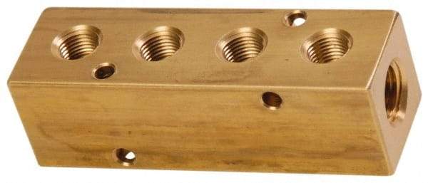 Made in USA - 1/2" Inlet, 3/8" Outlet Manifold - 4-3/4" Long x 1-1/2" Wide x 1-1/2" High, 0.2" Mount Hole, 2 Inlet Ports, 4 Outlet Ports - All Tool & Supply