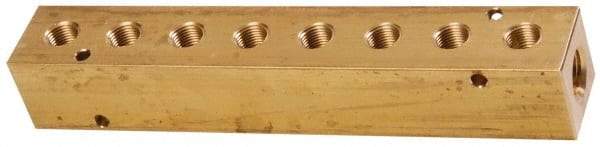 Made in USA - 3/8" Inlet, 1/4" Outlet Manifold - 7.38" Long x 1-1/4" Wide x 1-1/4" High, 0.2" Mount Hole, 2 Inlet Ports, 8 Outlet Ports - All Tool & Supply