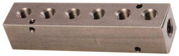 Made in USA - 1/2" Inlet, 3/8" Outlet Manifold - 6-3/4" Long x 1-1/2" Wide x 1-1/2" High, 0.2" Mount Hole, 2 Inlet Ports, 6 Outlet Ports - All Tool & Supply