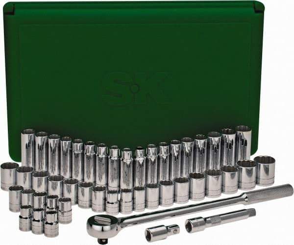 SK - 47 Piece 1/2" Drive Deep Well Socket Set - 12 Points, 1/2" to 1-1/2" (10mm to 24mm) Range, Inch/Metric Measurement Standard - All Tool & Supply