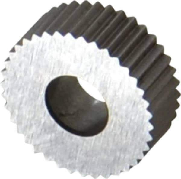 Made in USA - 1/2" Diam, 90° Tooth Angle, 25 TPI, Standard (Shape), Form Type Cobalt Straight Knurl Wheel - 3/16" Face Width, 3/16" Hole, Circular Pitch, Bright Finish, Series EP - Exact Industrial Supply