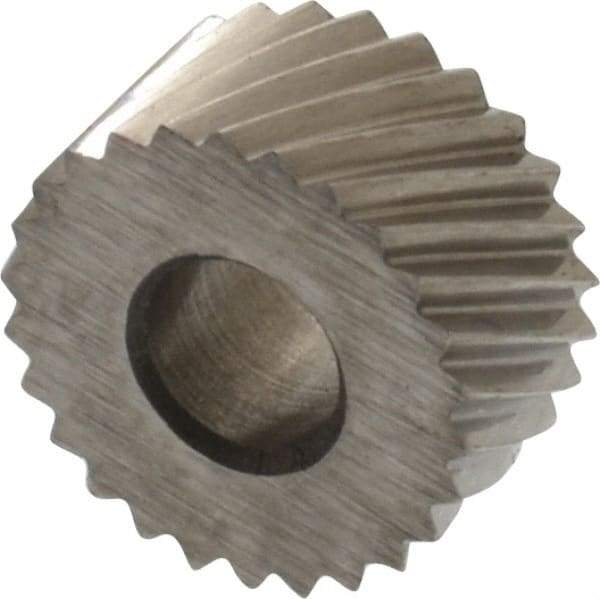 Made in USA - 5/16" Diam, 90° Tooth Angle, 30 TPI, Standard (Shape), Form Type Cobalt Right-Hand Diagonal Knurl Wheel - 5/32" Face Width, 1/8" Hole, Circular Pitch, 30° Helix, Bright Finish, Series BP - Exact Industrial Supply