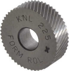 Made in USA - 3/4" Diam, 90° Tooth Angle, 25 TPI, Standard (Shape), Form Type Cobalt Left-Hand Diagonal Knurl Wheel - 1/4" Face Width, 1/4" Hole, Circular Pitch, 30° Helix, Bright Finish, Series KN - Exact Industrial Supply