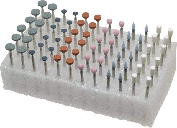 Grier Abrasives - 72 Piece Aluminum Oxide Vitrified Mounted Stone Abrasive Point Set - Fine Grade, 3/32" Diam x 1-1/2" Long Shank - All Tool & Supply