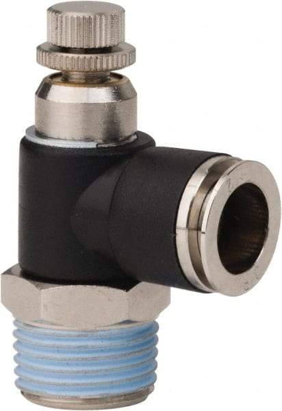 PRO-SOURCE - 1/2" NPT x 1/2" Tube OD Right Angle Flow Control Valve - 0 to 113.76 psi & Techno Polymer, Brass, Steel Material - All Tool & Supply