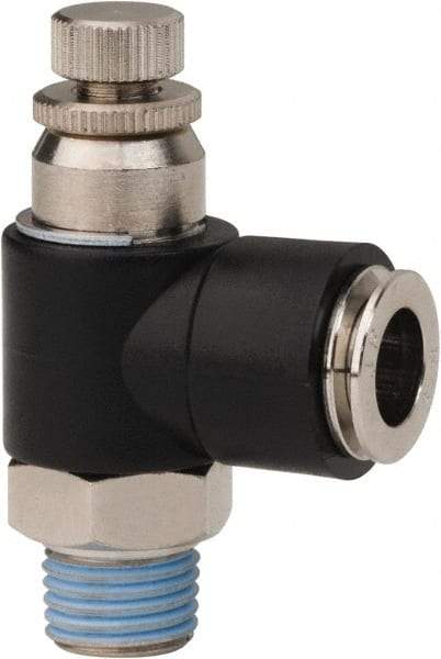 PRO-SOURCE - 1/4" NPT x 3/8" Tube OD Right Angle Flow Control Valve - 0 to 113.76 psi & Techno Polymer, Brass, Steel Material - All Tool & Supply