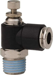 PRO-SOURCE - 1/4" NPT x 1/4" Tube OD Right Angle Flow Control Valve - 0 to 113.76 psi & Techno Polymer, Brass, Steel Material - All Tool & Supply