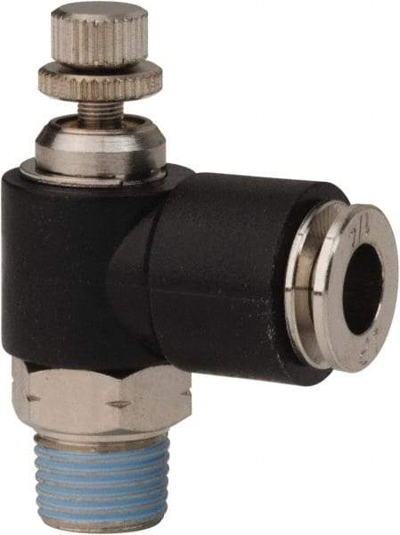 PRO-SOURCE - 1/8" NPT x 1/4" Tube OD Right Angle Flow Control Valve - 0 to 113.76 psi & Techno Polymer, Brass, Steel Material - All Tool & Supply