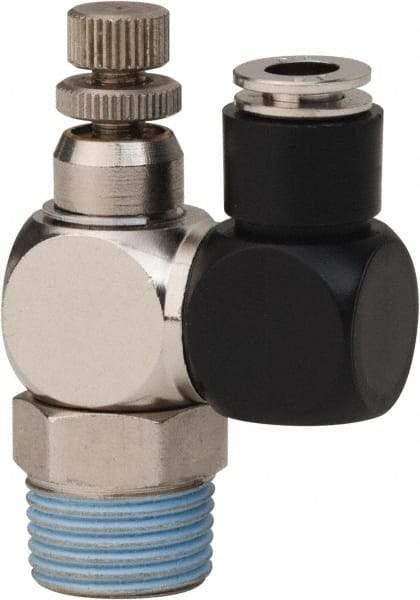 PRO-SOURCE - 3/8" Male NPT x 1/4" Tube OD Flow Control Offset Inline Valve - 0 to 113.76 psi & Techno Polymer, Brass, Steel Material - All Tool & Supply