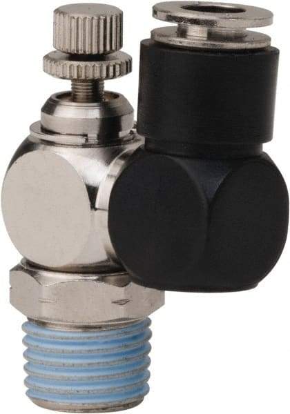 PRO-SOURCE - 1/4" Male NPT x 1/4" Tube OD Flow Control Offset Inline Valve - 0 to 113.76 psi & Techno Polymer, Brass, Steel Material - All Tool & Supply