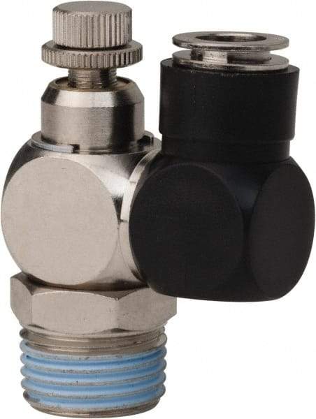 Value Collection - 1/2" Male NPT x 3/8" Tube OD Flow Control Offset Inline Valve - 0 to 113.76 psi & Techno Polymer, Brass, Steel Material - All Tool & Supply