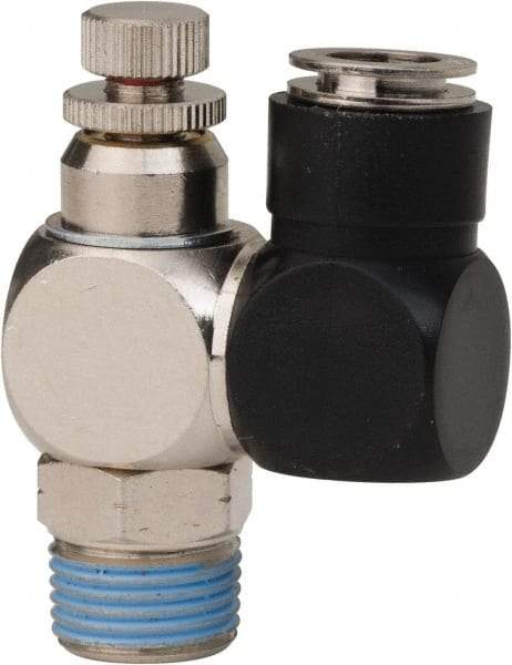 PRO-SOURCE - 3/8" Male NPT x 3/8" Tube OD Flow Control Offset Inline Valve - 0 to 113.76 psi & Techno Polymer, Brass, Steel Material - All Tool & Supply