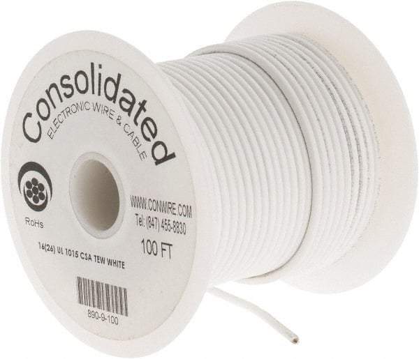 Made in USA - 16 AWG, 26 Strand, 100' OAL, Tinned Copper Hook Up Wire - White PVC Jacket, 0.117" Diam - All Tool & Supply