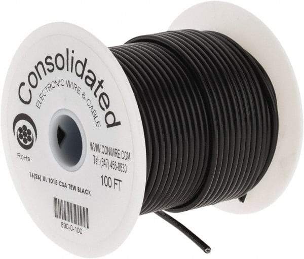 Made in USA - 16 AWG, 26 Strand, 100' OAL, Tinned Copper Hook Up Wire - Black PVC Jacket, 0.117" Diam - All Tool & Supply