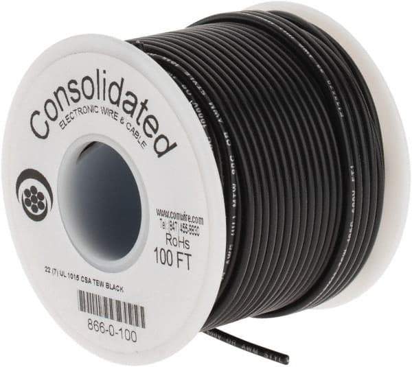 Made in USA - 22 AWG, 7 Strand, 100' OAL, Tinned Copper Hook Up Wire - Black PVC Jacket, 0.091" Diam - All Tool & Supply