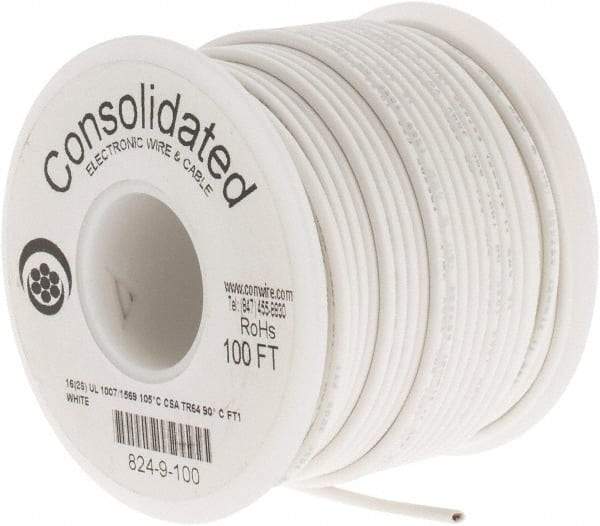 Made in USA - 16 AWG, 26 Strand, 100' OAL, Tinned Copper Hook Up Wire - White PVC Jacket, 0.092" Diam - All Tool & Supply