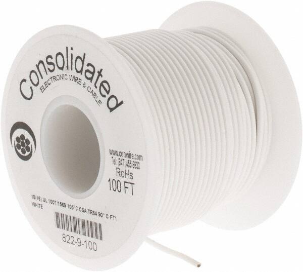 Made in USA - 18 AWG, 16 Strand, 100' OAL, Tinned Copper Hook Up Wire - White PVC Jacket, 0.08" Diam - All Tool & Supply