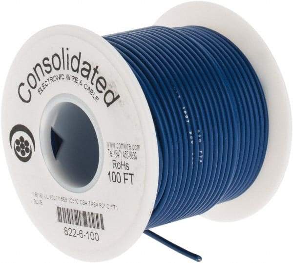 Made in USA - 18 AWG, 16 Strand, 100' OAL, Tinned Copper Hook Up Wire - Blue PVC Jacket, 0.08" Diam - All Tool & Supply