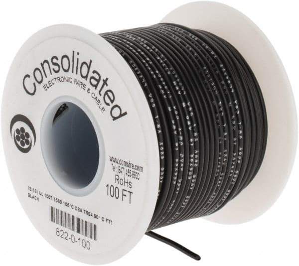 Made in USA - 18 AWG, 16 Strand, 100' OAL, Tinned Copper Hook Up Wire - Black PVC Jacket, 0.08" Diam - All Tool & Supply