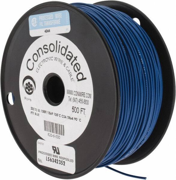 Made in USA - 20 AWG, 10 Strand, 500' OAL, Tinned Copper Hook Up Wire - Blue PVC Jacket, 0.07" Diam - All Tool & Supply