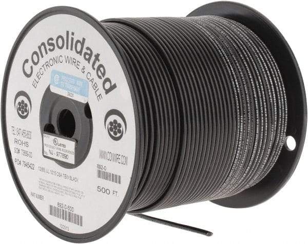 Made in USA - 12 AWG, 65 Strand, 500' OAL, Tinned Copper Hook Up Wire - Black PVC Jacket, 0.155" Diam - All Tool & Supply