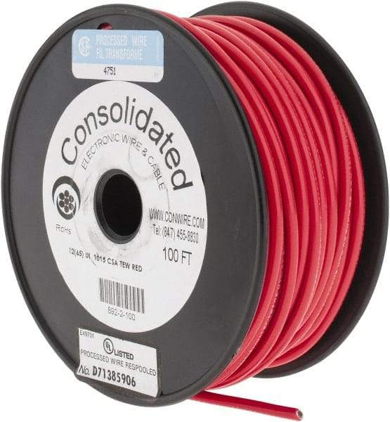 Made in USA - 12 AWG, 65 Strand, 100' OAL, Tinned Copper Hook Up Wire - Red PVC Jacket, 0.155" Diam - All Tool & Supply