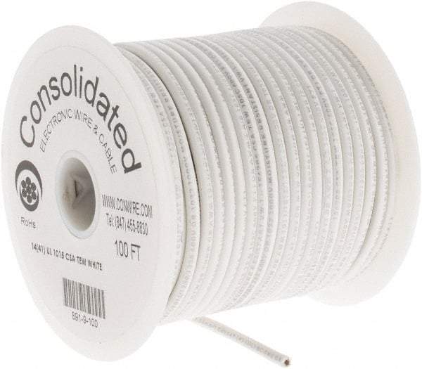 Made in USA - 14 AWG, 41 Strand, 100' OAL, Tinned Copper Hook Up Wire - White PVC Jacket, 0.136" Diam - All Tool & Supply