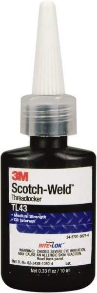 3M - 10 mL, Purple, Medium Strength Liquid Threadlocker - Series TL43, 24 Hour Full Cure Time, Hand Tool Removal - All Tool & Supply