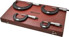 Starrett - 0 to 4" Range, 4 Piece Mechanical Outside Micrometer Set - 0.0001" Graduation, Ratchet Stop Thimble, Carbide Tipped Face - All Tool & Supply