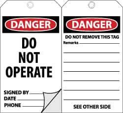 NMC - 3" High x 6" Long, DANGER - DO NOT OPERATE, English Safety & Facility Accident Prevention Tag - Tag Header: Danger, 2 Sides, Black, Red & White Self-Laminated Unrippable Vinyl - All Tool & Supply