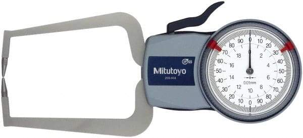 Mitutoyo - 20mm Max Measurement, 0.01mm Graduation, Outside Dial Caliper Gage - 3.3465 Inch Leg Length, 0.03mm Accuracy - All Tool & Supply