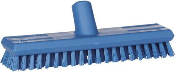 Vikan - 1" Bristle Length, Polyester Scrub Brush - 10-5/8" Long x 2-1/2" Wide Head, 11" OAL, European Threaded Handle, Blue, Polypropylene Block - All Tool & Supply