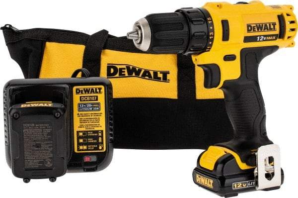 DeWALT - 12 Volt 3/8" Chuck Pistol Grip Handle Cordless Drill - 0-400 & 0-1500 RPM, Keyless Chuck, Reversible, 2 Lithium-Ion Batteries Included - All Tool & Supply