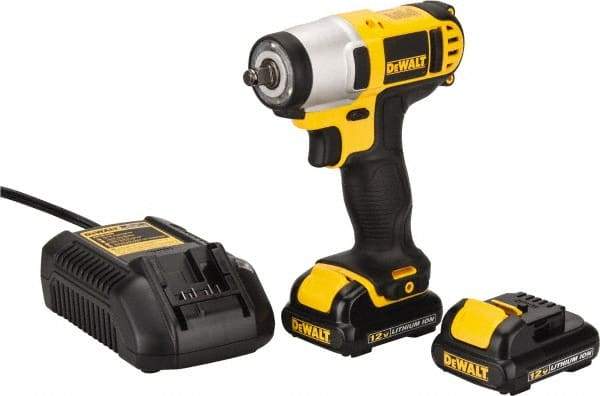 DeWALT - 3/8" Drive 12 Volt Pistol Grip Cordless Impact Wrench & Ratchet - 2,450 RPM, 0 to 3,400 BPM, 96 Ft/Lb Torque, 2 Lithium-Ion Batteries Included - All Tool & Supply