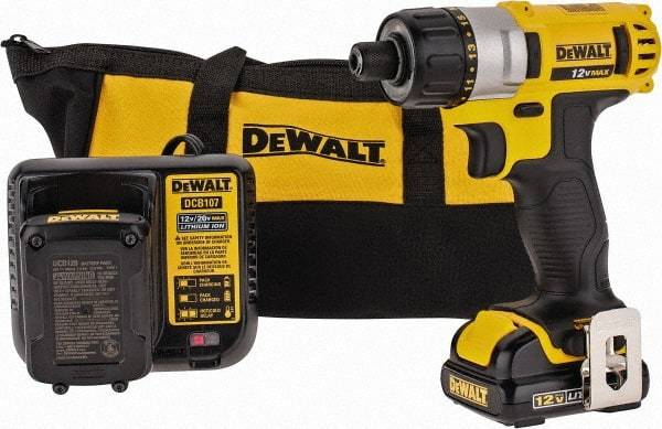 DeWALT - 12 Volt 1/4" Chuck Pistol Grip Handle Cordless Drill - 0-1050 RPM, Keyless Chuck, Reversible, 2 Lithium-Ion Batteries Included - All Tool & Supply