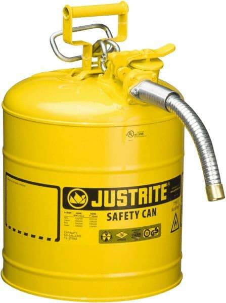 Justrite - 5 Gal Galvanized Steel Self-Closing, Self-Venting, Full-Length Flame Arrester - 16-7/8" High x 11-3/4" Diam, Yellow - All Tool & Supply