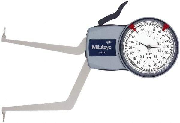 Mitutoyo - 3.2 to 4" Inside Dial Caliper Gage - 0.0005" Graduation, 0.0015" Accuracy, 3.3" Leg Length, 0.31" Deep x 0.06" Wide Groove, Ball Contact Points - All Tool & Supply