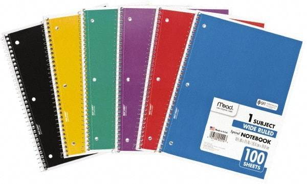 Mead - 100 Sheet, 8 x 10-1/2", Wide Ruled Spiral Bound Notebook - Assorted Colors - All Tool & Supply