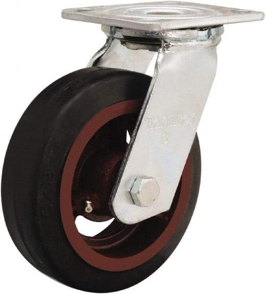 Hamilton - 6" Diam x 2" Wide x 7-1/2" OAH Top Plate Mount Swivel Caster - Rubber Mold on Cast Iron, 410 Lb Capacity, Straight Roller Bearing, 4 x 4-1/2" Plate - All Tool & Supply