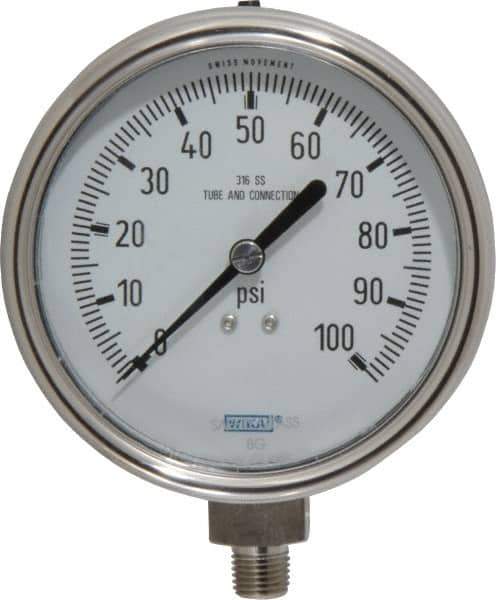 Wika - 4" Dial, 1/4 Thread, 0-100 Scale Range, Pressure Gauge - Lower Connection Mount, Accurate to 1% of Scale - All Tool & Supply